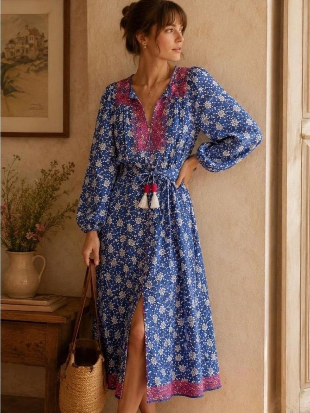 J. Crew Blue Floral Midi Dress with Pink Embroidered Trim
